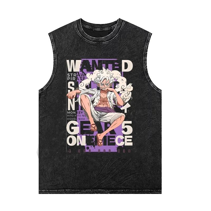 

One Piece Luffy Vintage Vest Heavyweight Washed Cotton Retro Aged Sleeveless Mens T-Shirt Anime Womens Summer Trendy Brand Tops