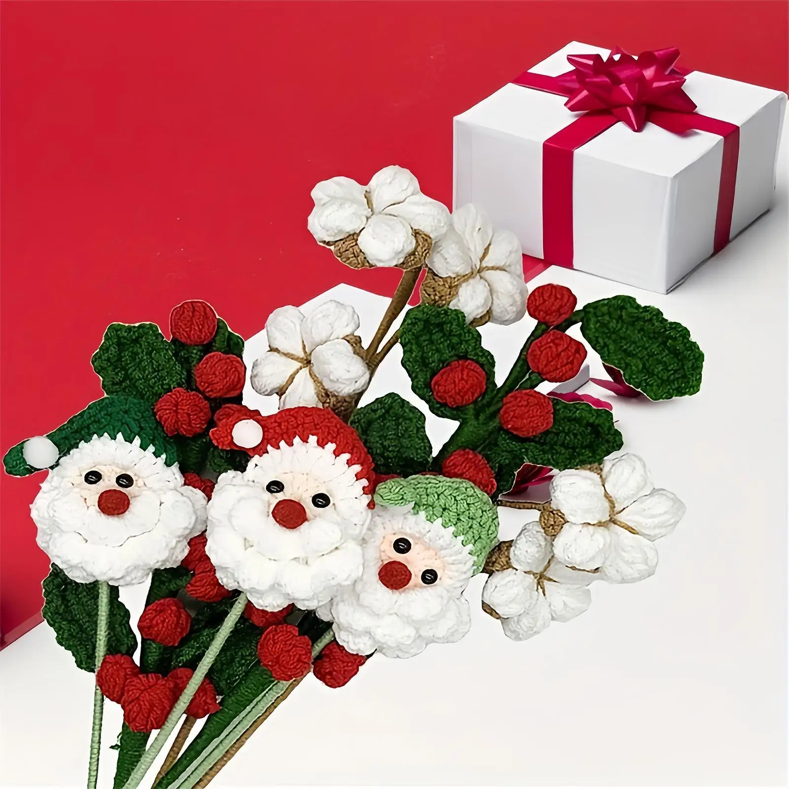 

Christmas Flowers Santa Claus Cotton Fake Plant 5 Pieces Handmade Crochet Flowers for Christmas Workplace Home Party Decor