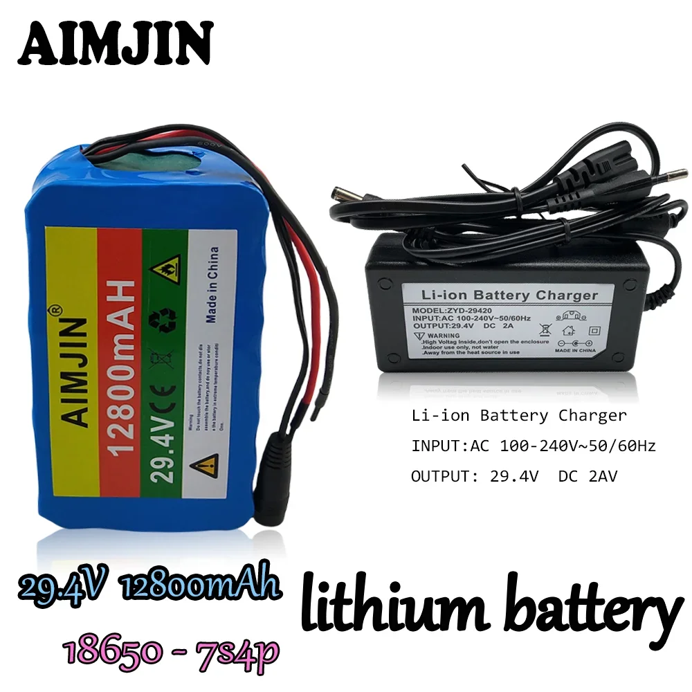 

18650 7S4P 29.4V 12.8Ah Rechargeable Lithium Battery Pack for Electric Bicycle Moped Scooter Replacement Batteries+2A Charger