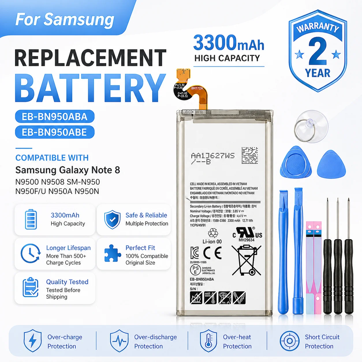 

EB-BN950ABA EB-BN950ABE 3300mAh Replacement Capacity Battery For Samsung Galaxy Note 8 N9500 N9508 N950F/U/A/N Spare Battery