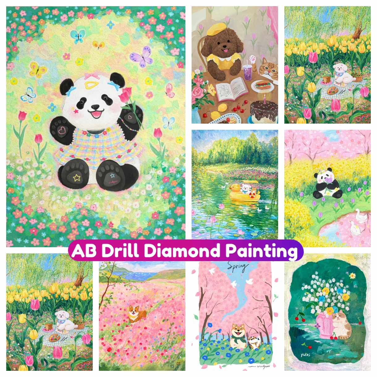 

Flower AB Diamond Painting Spring Panda Cute Kawaii Cartoon 5D DIY Full Cross Stitch Kit Mosaic Embroidery Home Decor Kid Gift