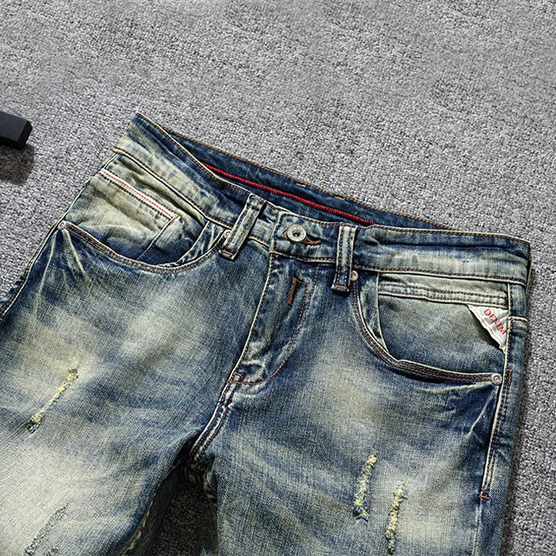 

Fashionable new men's elastic slim fit jeans with embroidery, scratch, washed, nostalgic retro designer, light blue denim pencil