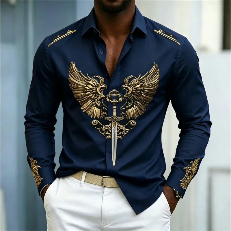 Men's Shirt Long Sleeve Spring Autumn Golden Double Eagle Sword Emblem Print Lapel Button‑Up Street Business Top Mens Clothing