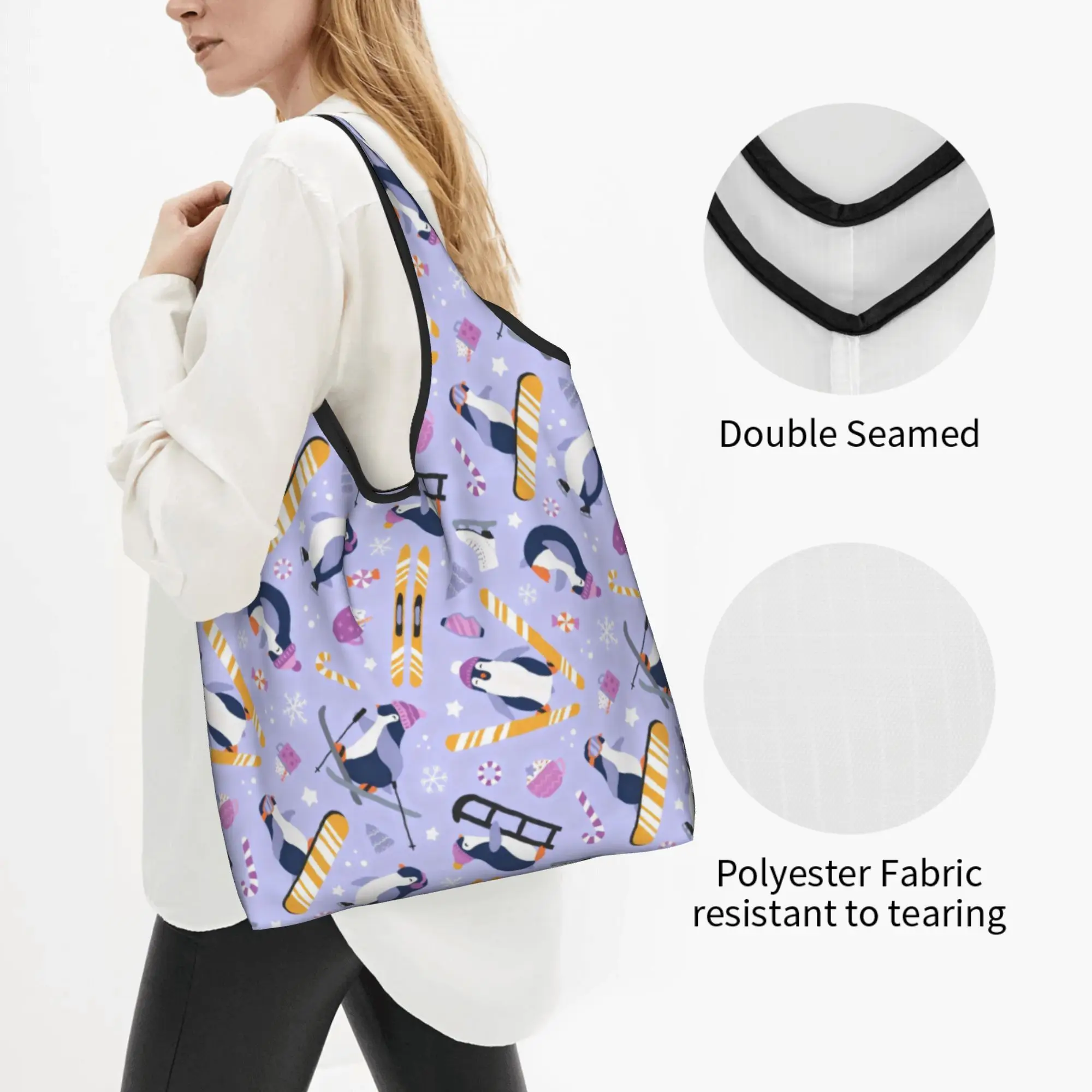 Funny Penguins Practicing Winter Sports  Shopping Tote Bag Portable Indigo And Yellow  Groceries Shoulder Shopper Bag