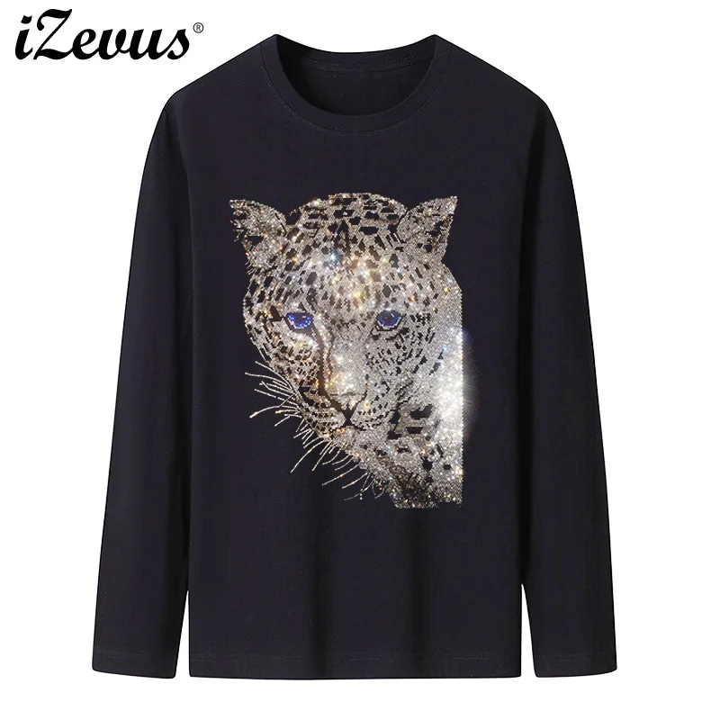 New shiny hot drill silver leopard T-shirt high quality cotton men's spring and fall long-sleeved casual T-shirt