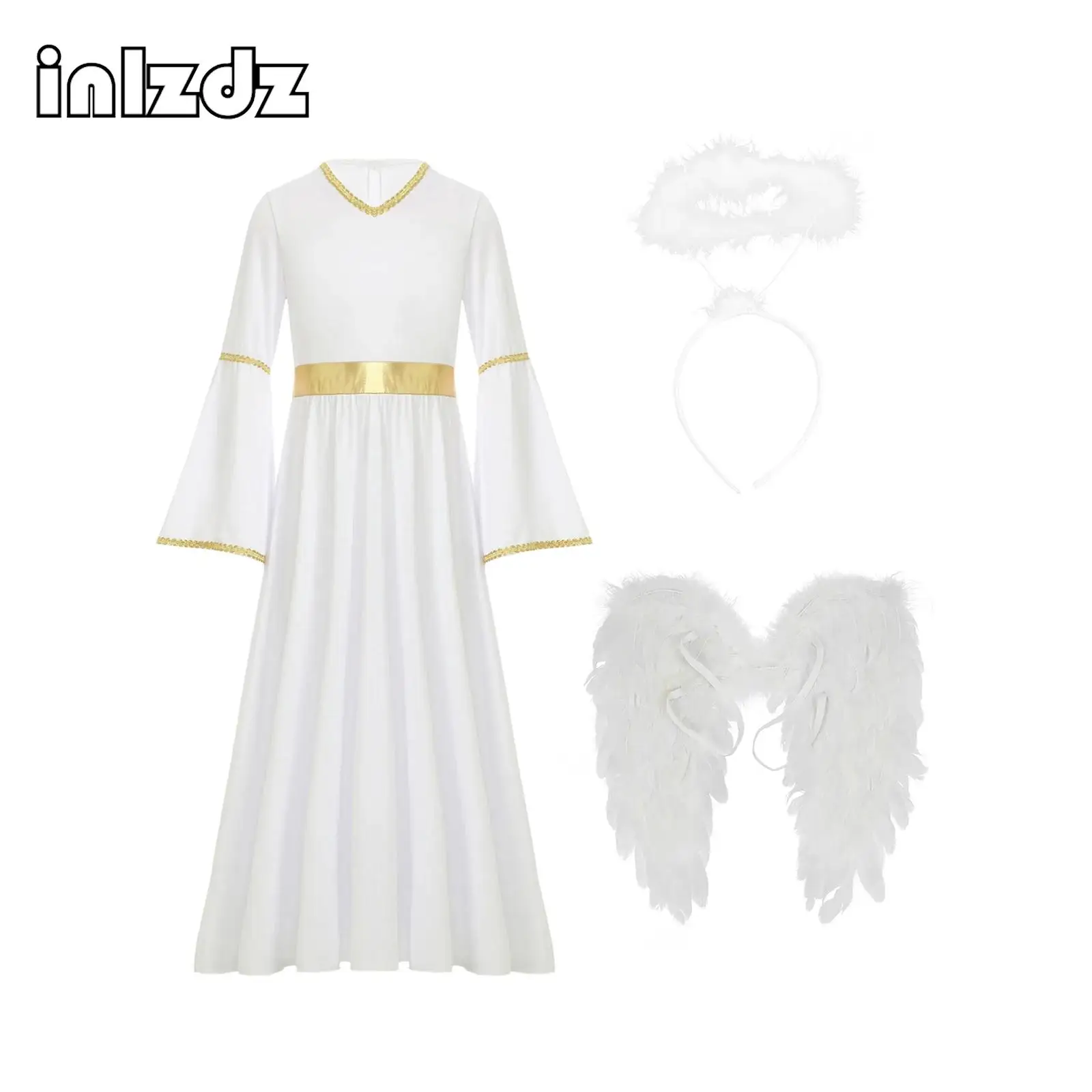 Kids Girls White Angel Costume Halloween Party Long Bell Sleeve Maxi Dress Gown with Wings Set for Performance Church Dress Up