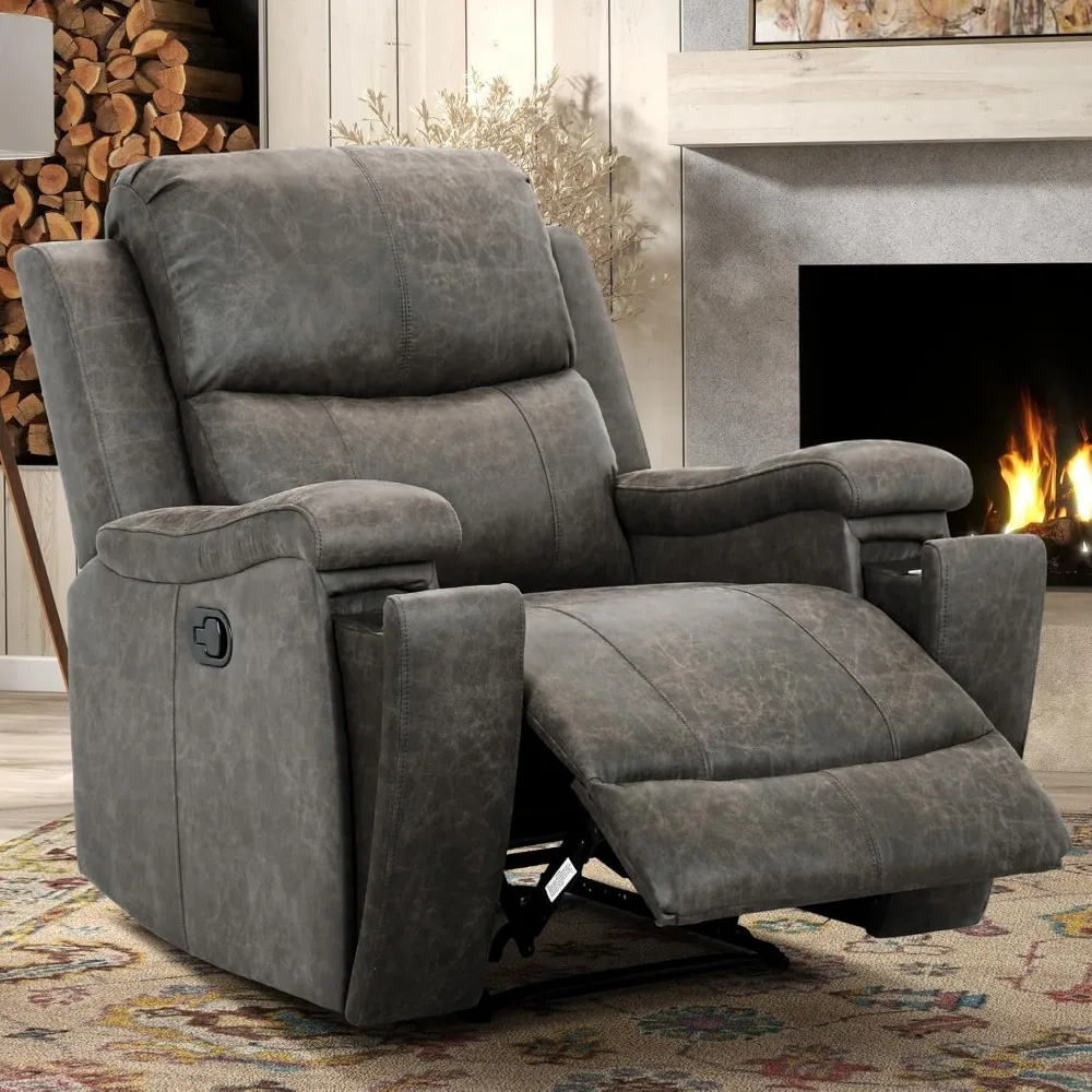 Leather Recliner Chair, Classic and Traditional Manual Recliner Chair with Overstuffed Arms and Back, Manual Sofa w/Cup Holders