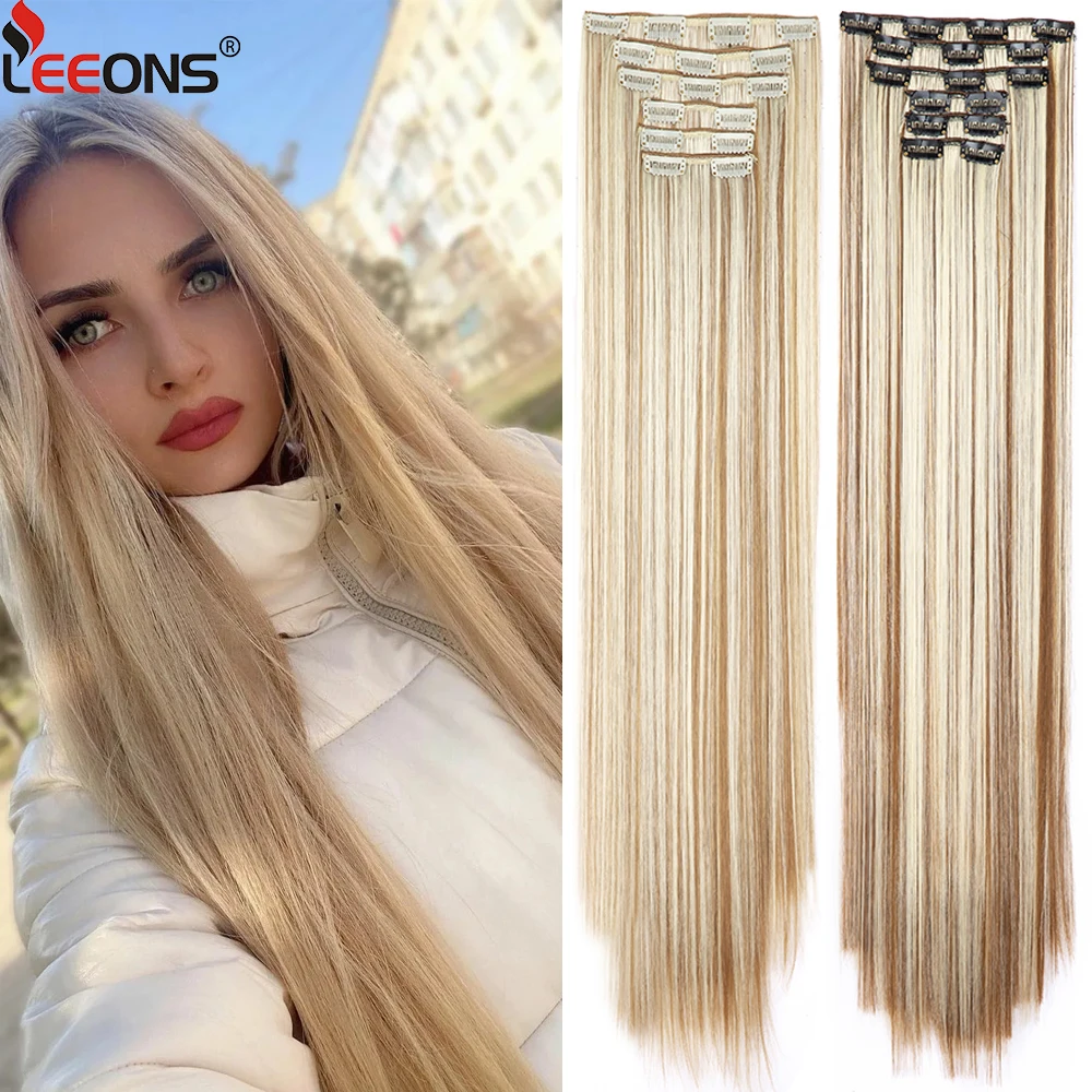 Synthetic Long Straight 16 Clip In Hair Extensions For Women 30 Inch Straight Fake False Hair Pieces Heat Resistant 75Cm 150G