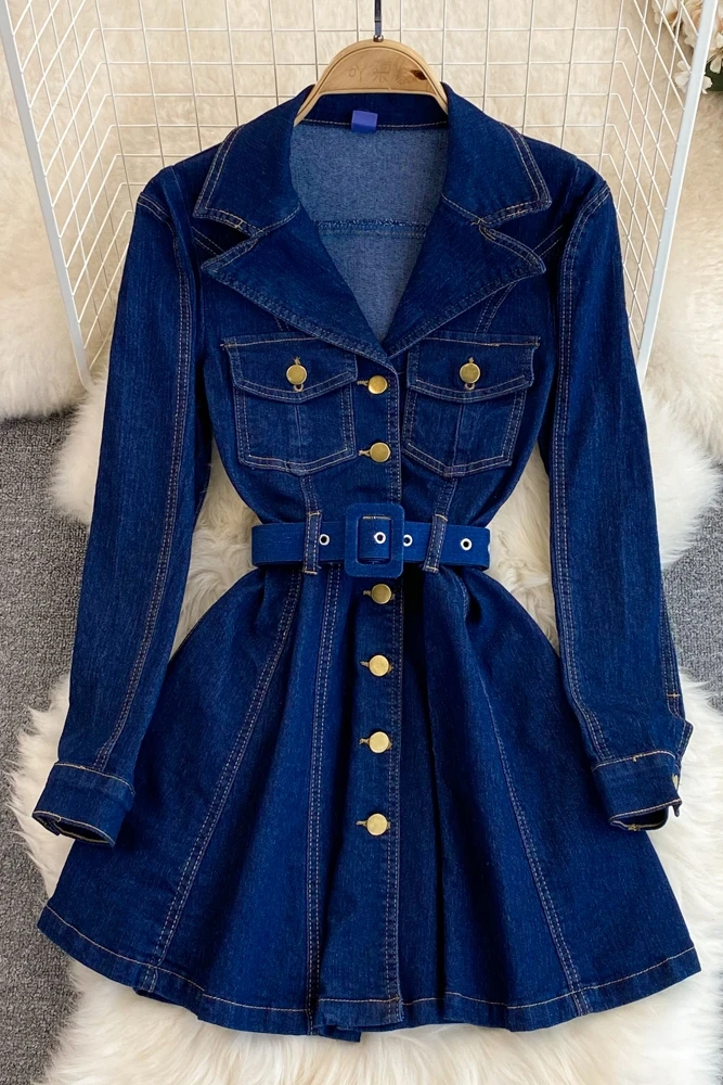 2023 Autumn Winter Retro Premium Style Long Sleeved Suit Collar Double Breasted Waist Shrinking A-line Denim Dress