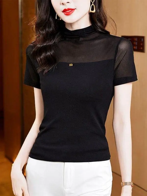 top-de-malla-de-encaje-de-verano-de-manga-corta-con-cuello-medio-alto-diseno-adelgazante-bolsillo-de-panuelo-a-la-moda-color-liso-nueva-llegada