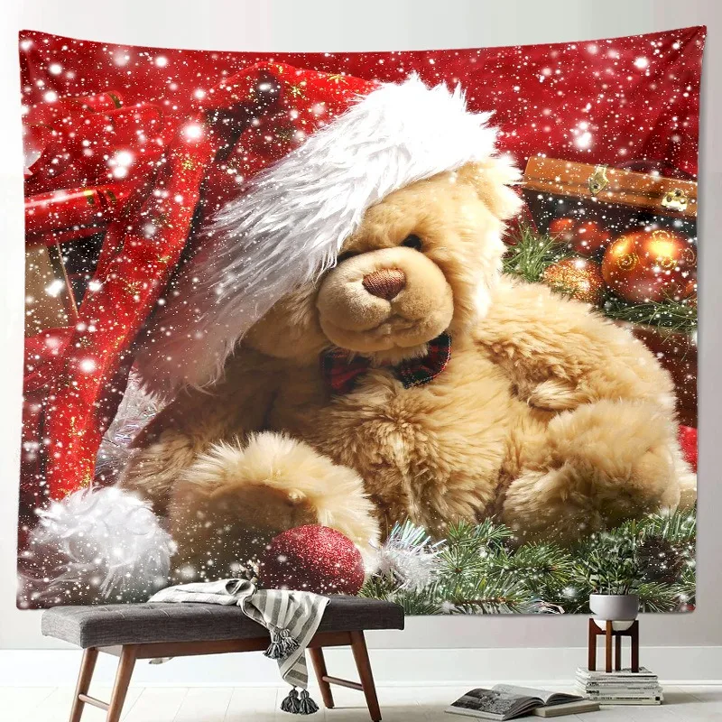 VIKAMA Teddy Bear Santa Hat Baubles Tapestry, HD Print Wall Hanging for Bedroom Gift Holiday Home Decor