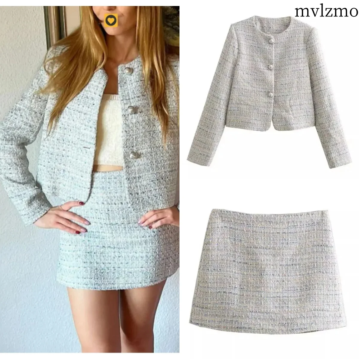 2024 Women\'s Resort Style Long Sleeve Single Breasted Crew Neck Jacket + Plaid High Waisted Mini Shorts Skirt Streetwear