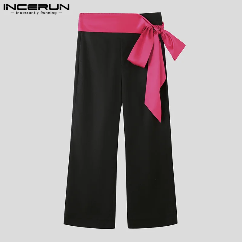 INCERUN American Style Stylish Pants Men's Personality Bow Decoration Trousers Casual Clubwear Male Solid Straight Leg Pantalons