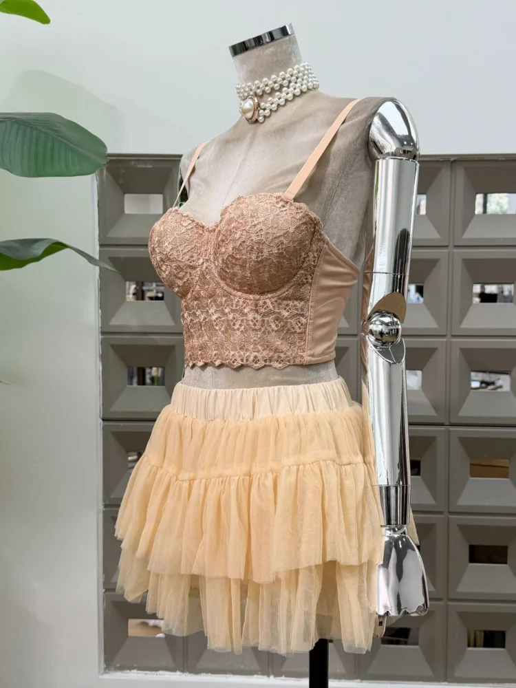 DFDG Dames Lente Zomer Beige Kant Cami Tule Rok Set Gelaagde Zoom Vrijetijdskleding 2025, Trendy Vrouwelijke Mode Outfit Set