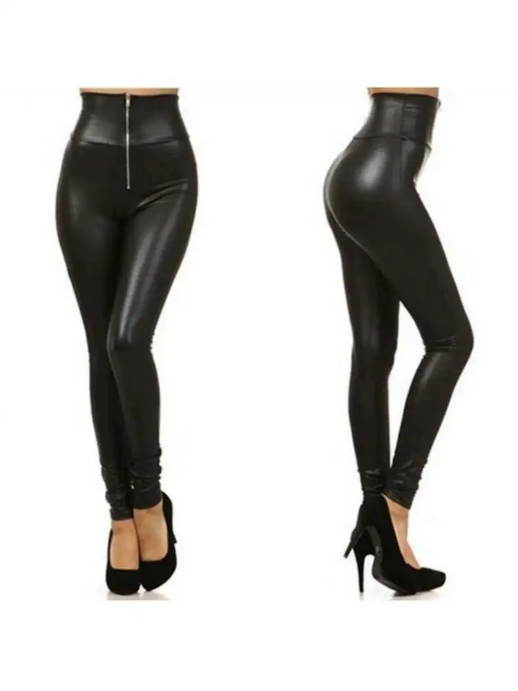 Black Sexy Pants Spring Fashion Front Zipper High Waist Imitation Leather Cropped Leggings Women Stretch Slimming Tight 2023