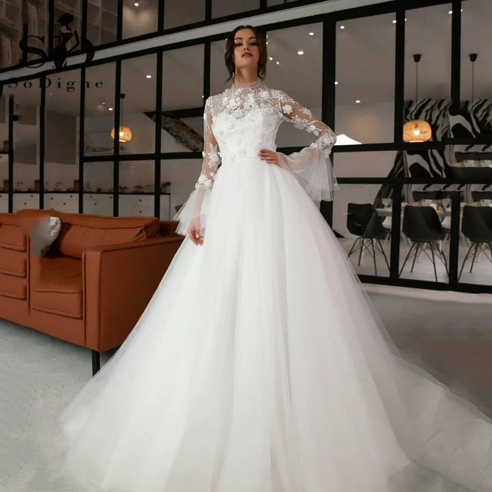 

SoDigne Muslim Princess Wedding Dress A-Line High Neck Bride Dresses With 3D Flowers Long Sleeves Modern Bridal Gowns