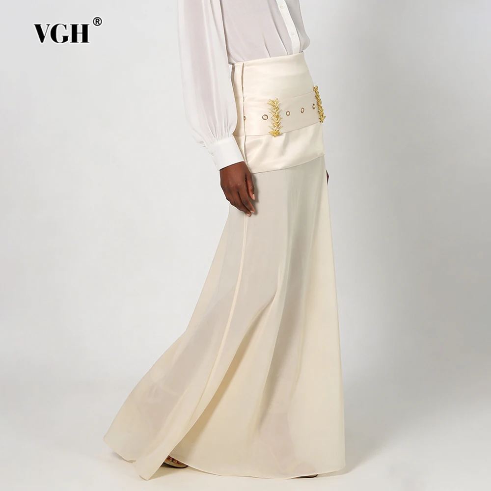 

VGH French Style Solid Sexy Long Skirts For Women High Waist Spliced Folds Summer Design Sense Draped Skirt Female Fashion New