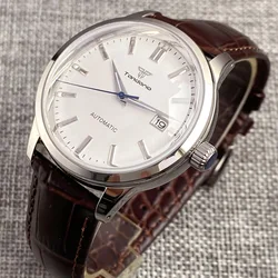 Reloj Mecánico de acero de 20bar para hombre, pulsera de cuero con cristal de zafiro y cúpula, NH35, modelo elegante Tandorio Dive, Rejor de índice de plata