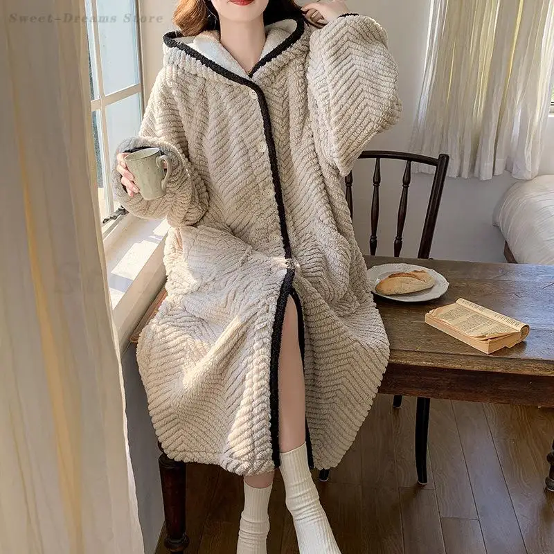 Thick Flannel Hooded Nightgown Autumn Winter New Nightdress Home Dressing Gown Sleepwear Coral Fleece Warm Lingerie Nightwear