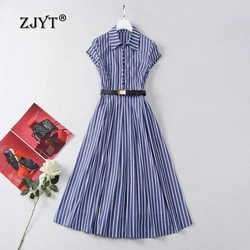 ZJYT Runway Fashion Womens Striped Shirt Dress 2024 Summer Clothes Short Sleeved Casual Vacation Dresses Blue Vestidos with Belt