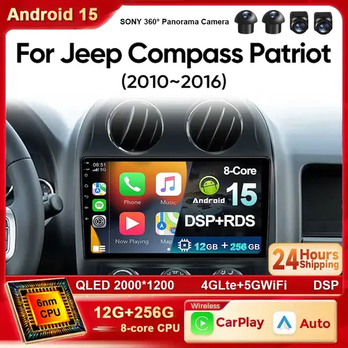 Radio de coche Android 15 para Jeep Compass Patriot 2010-2016 reproductor de vídeo Multimedia estéreo GPS unidad principal Carplay inalámbrica