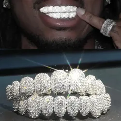 Big Shinning Bling Bling Iced Out Teeth Grillz Hip Hop Top & Bottom Grills Dental Mouth Punk Teeth Caps Cosplay Party TG134