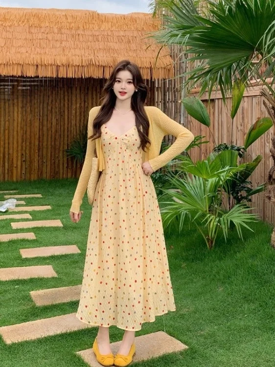 

plus Size Women's Summer Slimming Thin Strap Dress Two-Piece Set High Waist Commute Style Bright Thread Long Sleeve Midi Dress