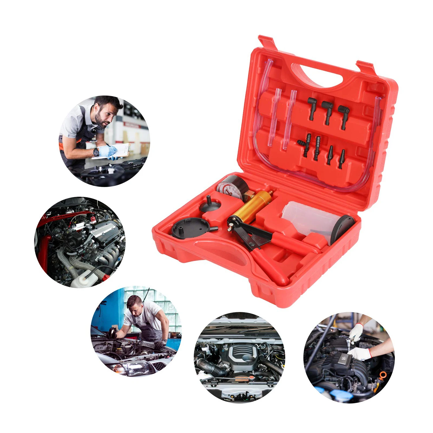 2 in 1 Brake Bleeder Kit Hand held Vacuum Pump Test Set for Automotive with Protected Case,One-Man Brake Clutch Bleeding System