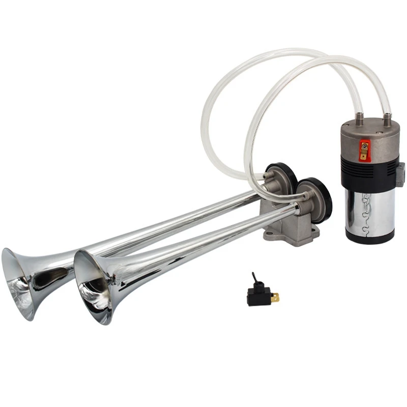 12V/24V Double Air Horn Kit, 15 Inches Trumpet Train Air Horn With Compressor For Car Vehicle Truck Train Boat, Silver