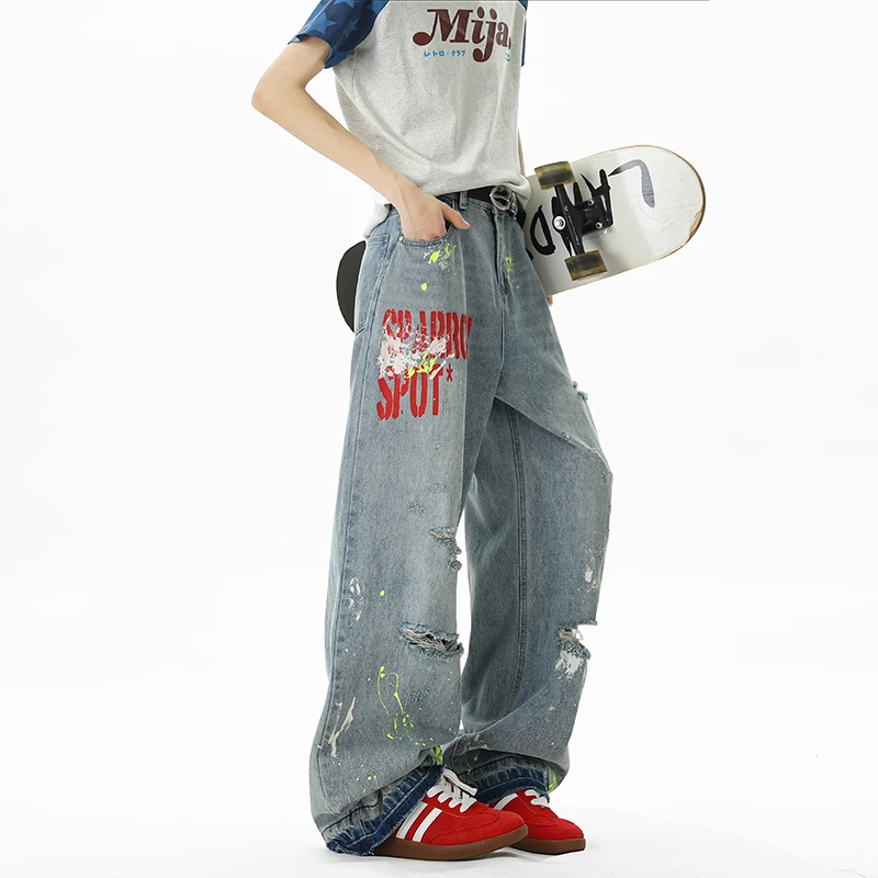 

American Retro Hole-punched Jeans Women High Waist Straight-crotch Loose Slim Design High-street Vibe Wide-legged Dragging Pants