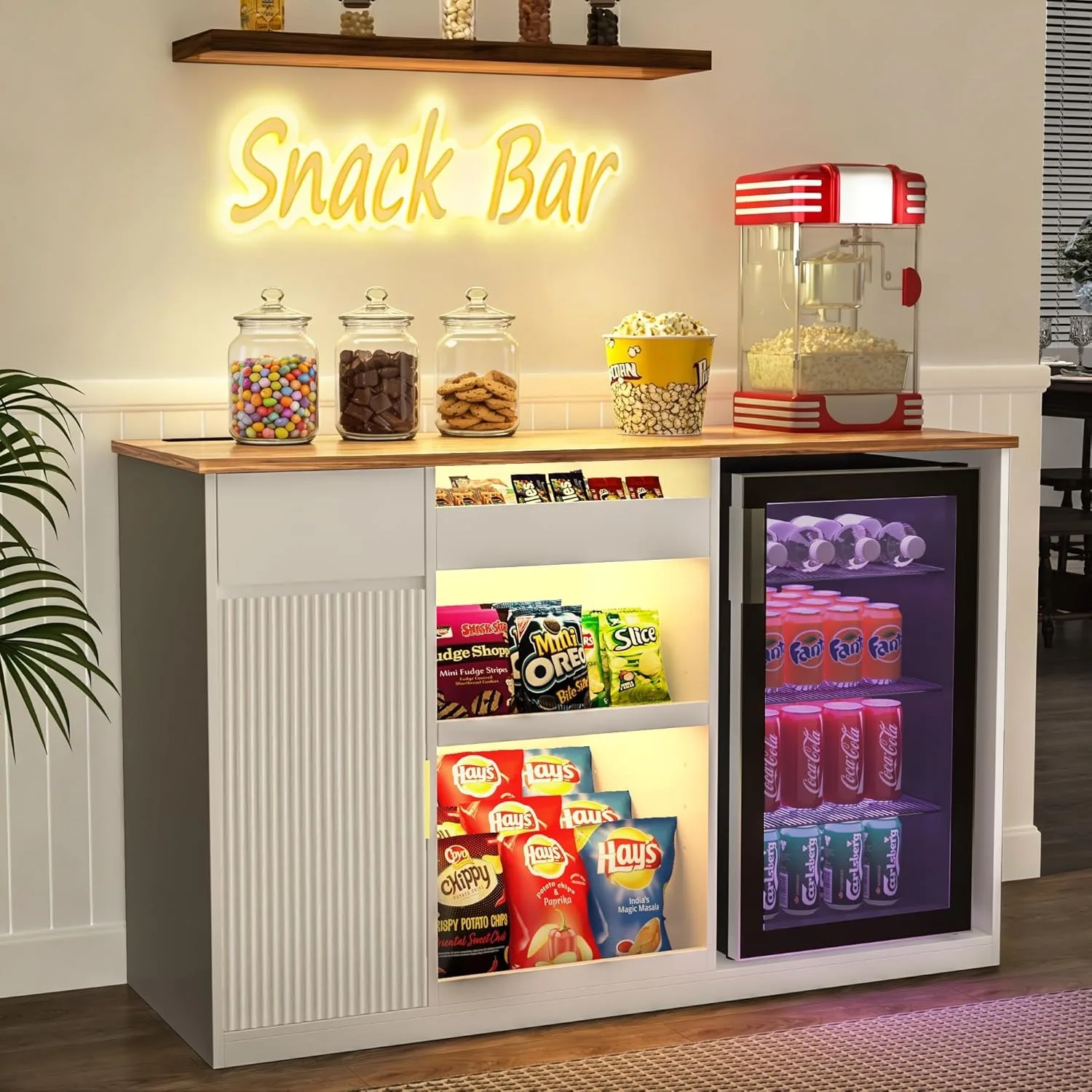 Snack Bar Cabinet with Fridge Space Storage and Display Shelf for Home Theater or Game Room 51 Inch White image 8