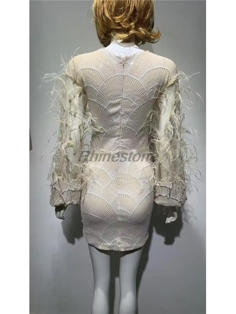 Robe de Luxe à Paillettes Cloutées et Manches en Plumes Brodées, Sexy, Col en V, pour Banquet, ix, Spectacle sur Scène