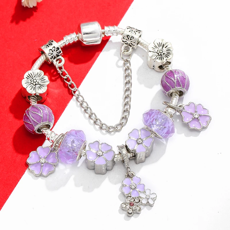 Boosbiy Purple Flower Beads With Pendant Snake Chain DIY Brand Charm Bracelet For Women Jewelry Gift New Desgin