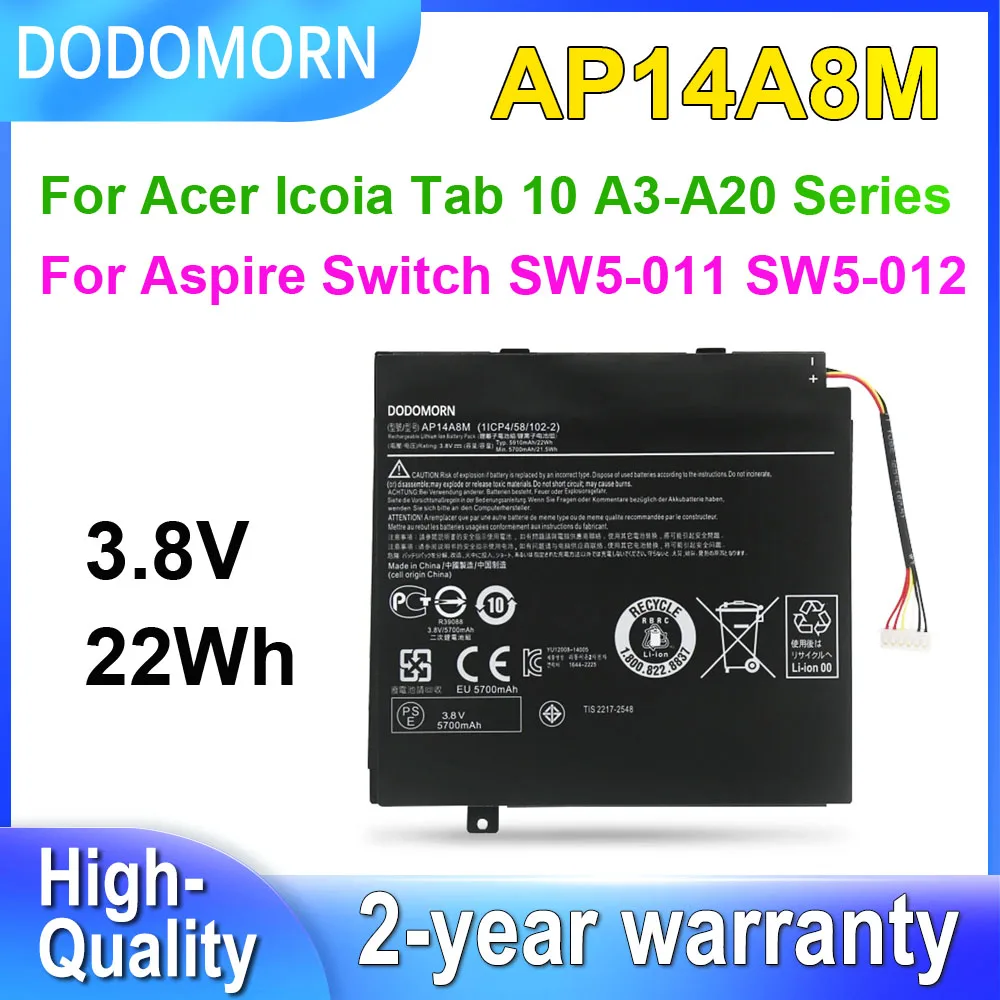 

DODOMORN AP14A8M For Acer lcoia Tab 10 A3-A20 A3-A20FHD for aspire switch SW5-011 SW5-012 Series Laptop Battery 3.8V 22Wh