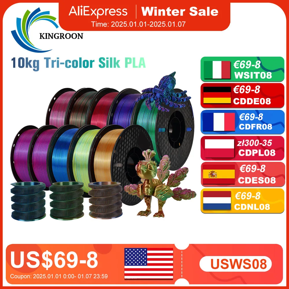 KINGROON Silk Tricolor PLA Filament 3D Printer 1.75mm 2.2/8.8/11 lb Silk PLA Filament Plastic Material 3D Printing Special Color