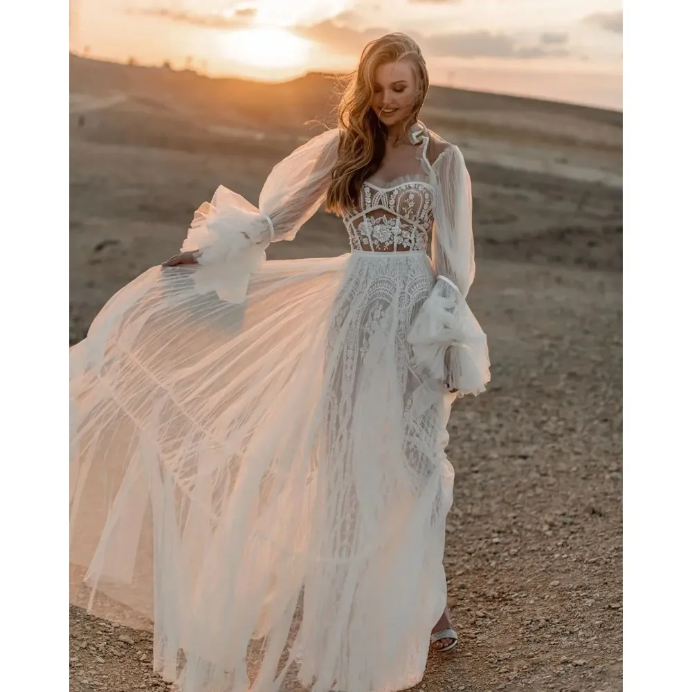 Retro Exquisite Lace Sequined Hippie Style Wedding Dress Romantic Tulle Bohemian Country Bridal Gowns With Puff Long Sleeves