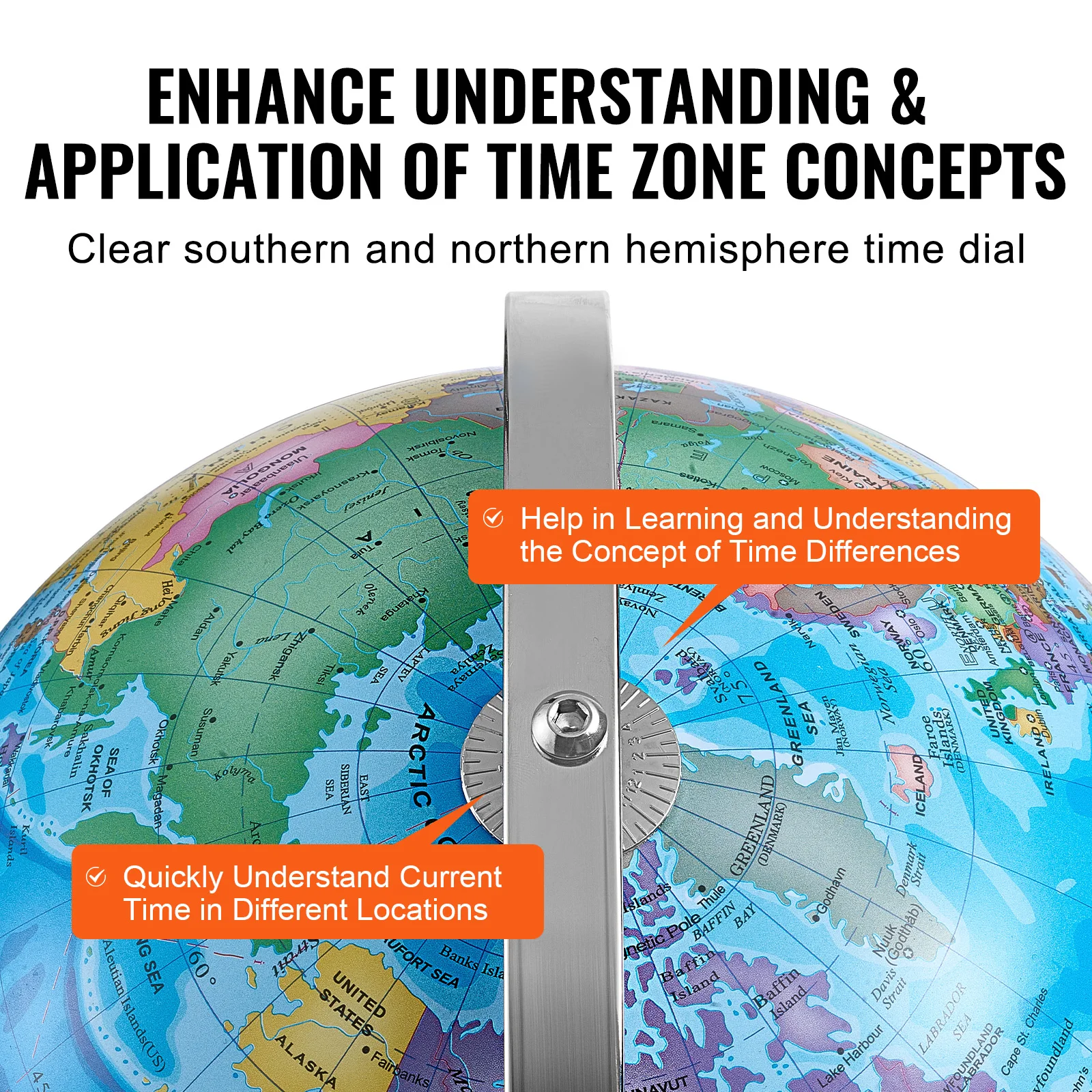 كرة أرضية دوارة من SucceBuy مع حامل 13 بوصة/330.2 مم منطقة زمنية دقيقة مادة ABS 720 ° الغزل لتعليم الجغرافيا للأطفال #3