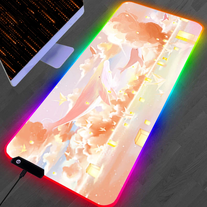 RGB LED Mouse Pad Laptop Rubber Extended Pad Desk Mouse Mat Computer Gamer HD Mousepad PC Accessories Cloud Whale Keyboard Pad