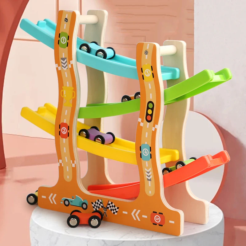 Railcar Track Slide Car Glider Sliding Racing Toy with Mini Racer Cars Wooden Toys Brain Game Kids Montessori Educational Gifts