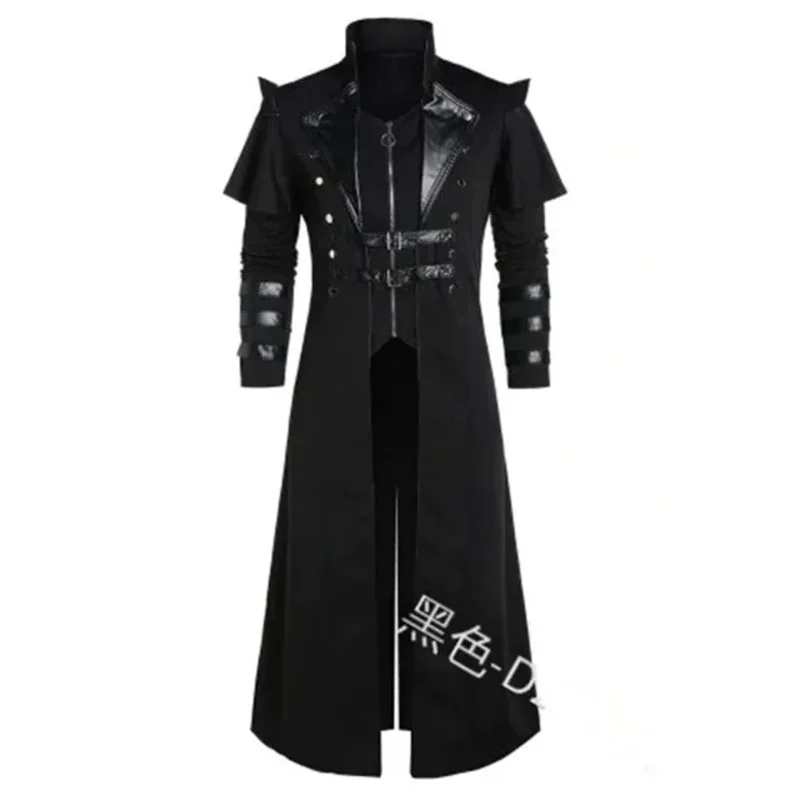 Halloween mittelalter liche Steampunk Attentäter Elfen Piraten Kostüm erwachsene Männer schwarz Vintage lange geteilte Jacke Gothic Rüstung Leder mäntel