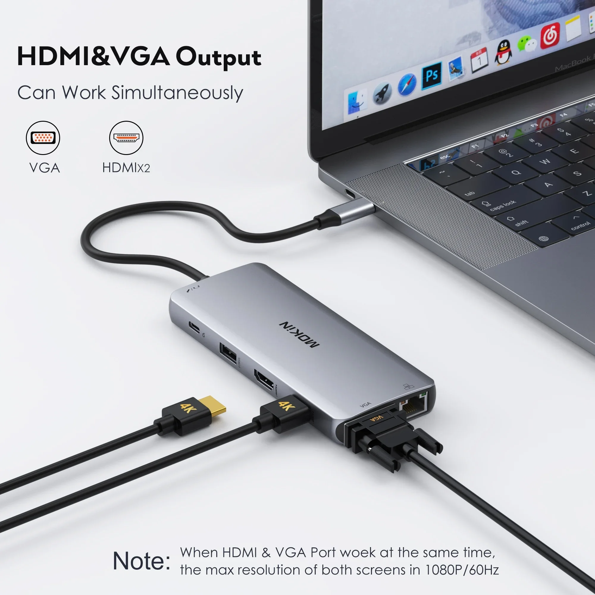 Stasiun Docking USB C MOKiN 11-in-1 4K 60Hz | Dual HDMI, VGA, USB 3.1, RJ45, PD 100W untuk MacBook Air/Pro, iPad M1/M2, laptop