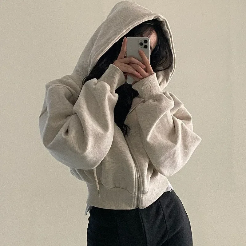 2023 autunno retrò tinta unita Zip Up felpe con cappuccio oversize donna Streetwear versione coreana manica lunga felpe corte cappotto