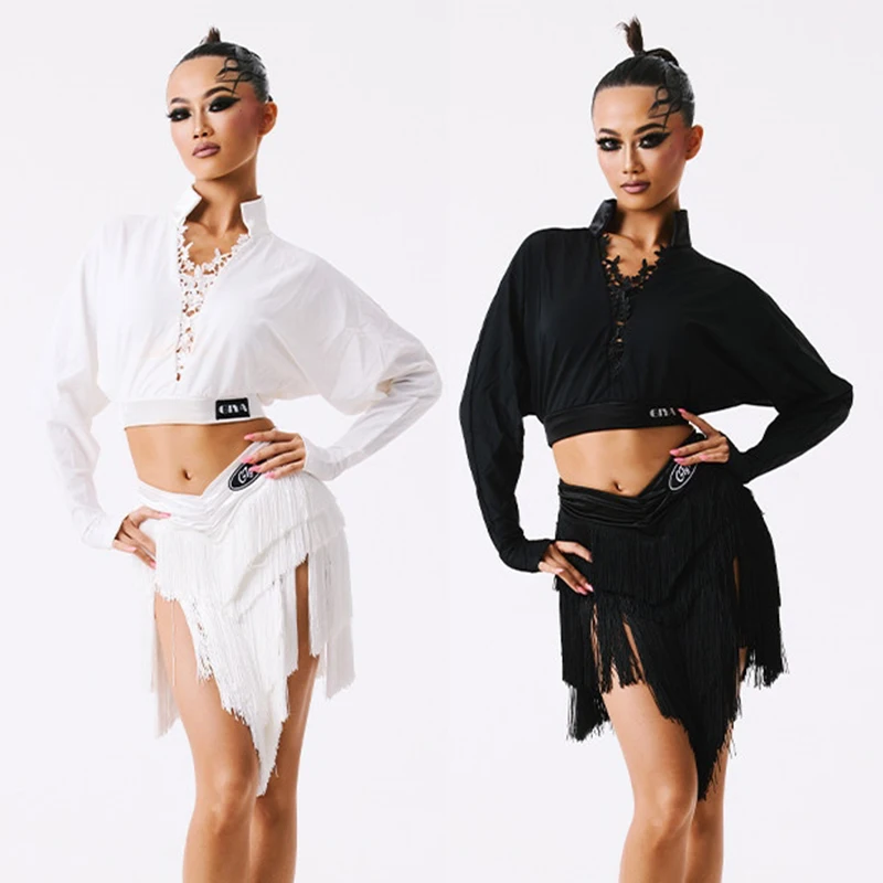 

Новая одежда для латинских танцев, женские кружевные короткие топы с длинными рукавами, юбка с кисточками, белый, черный, танцевальный костюм для ча-ча, румбы, самбы, DNV26044