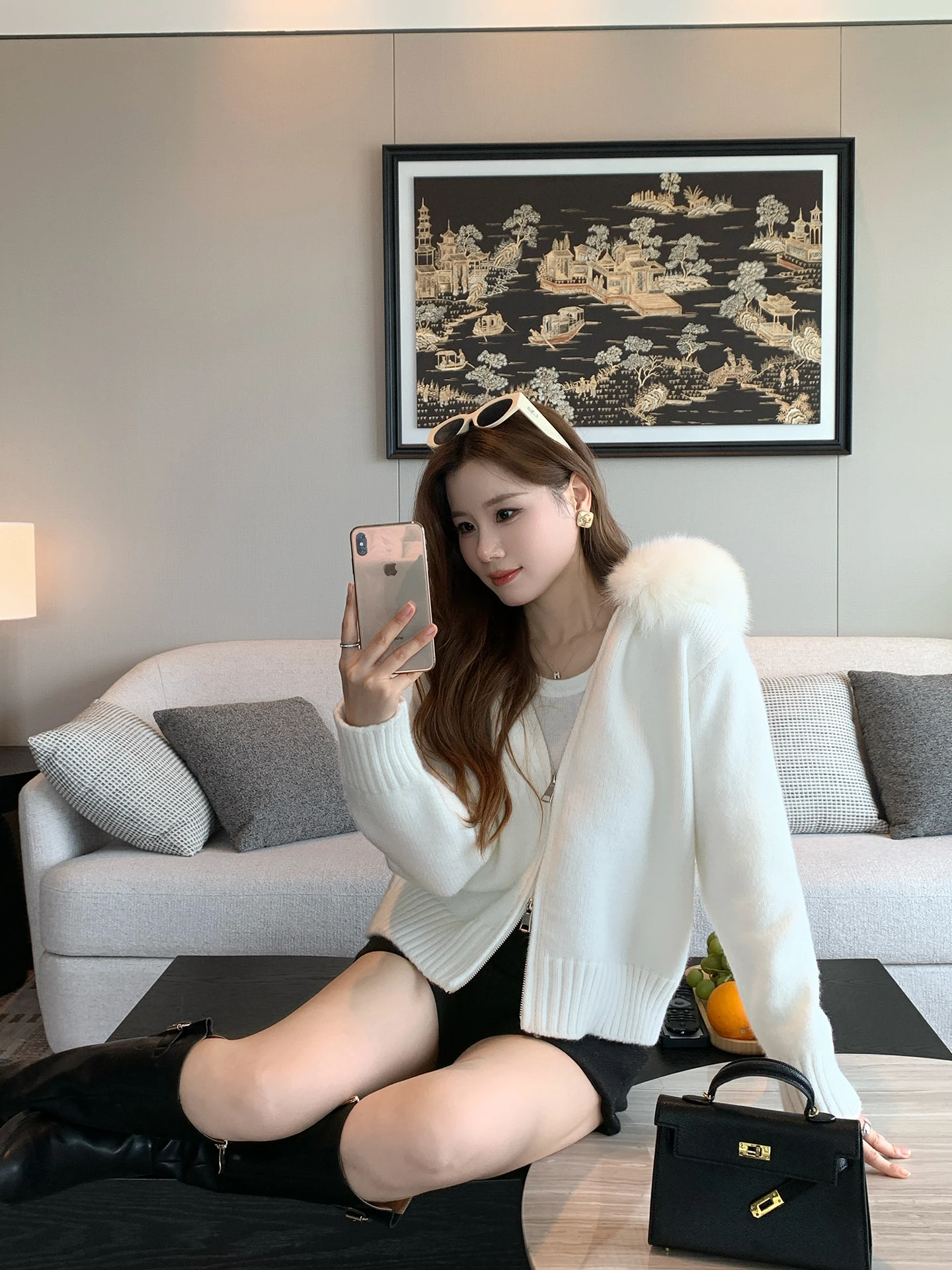 

Benxe Evening Soft Color Lazy Sle Real Fur Collar Hooded Knitted Cardigan Women's ort Outerwear Commute Sle Loose Fit