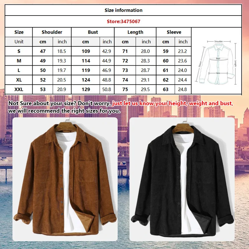 Fashion Solid Color Relaxed Fit Long Sleeve Corduroy Shirt for Men Casual Plain Style Button Down Shirt Jacket with Chest Pocket