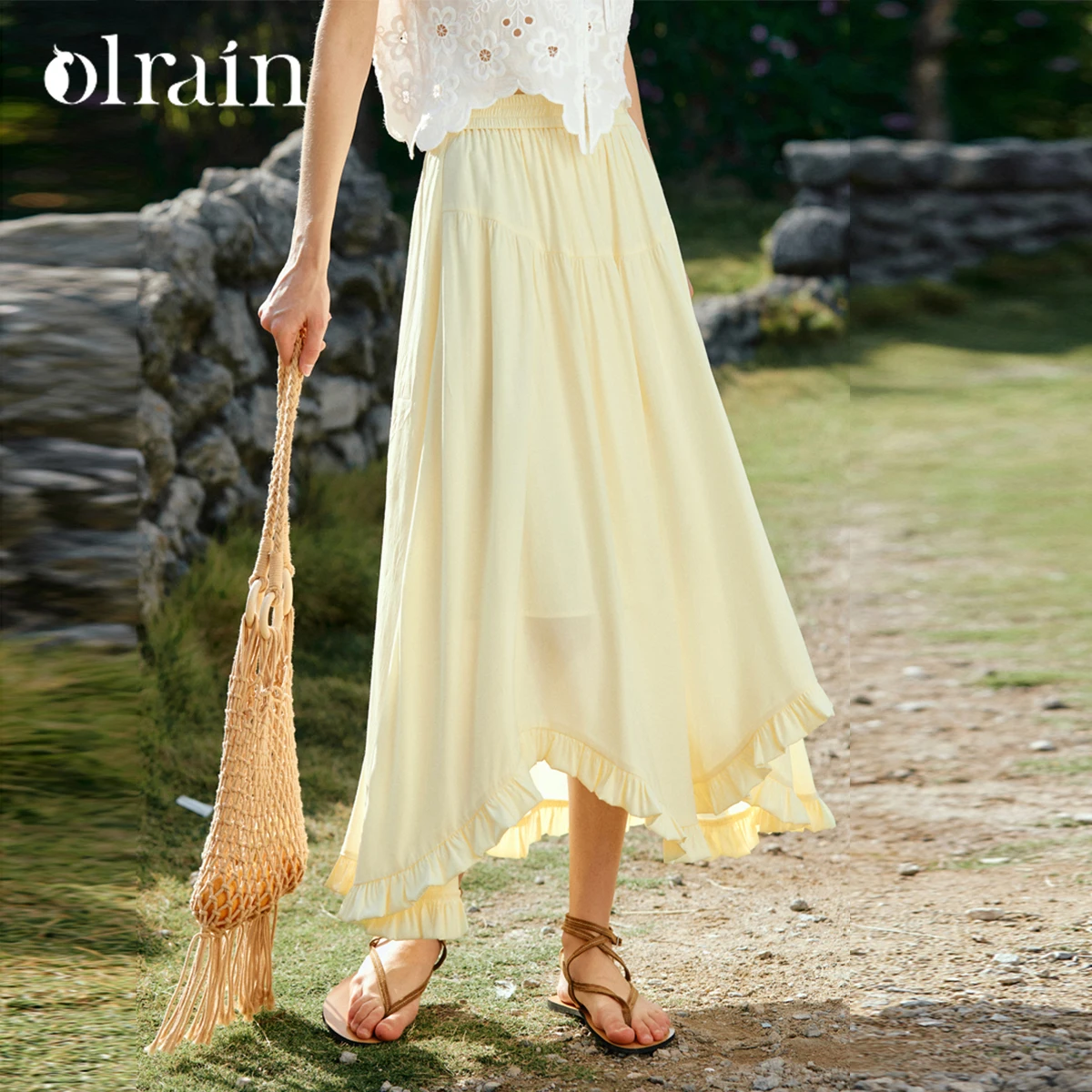 OLrain Women French Casual Cream Yellow Maxi Skirt 2026 New Elastic Waist Irregular Ruffle Hem Elegant Long Skirt O58XB003921