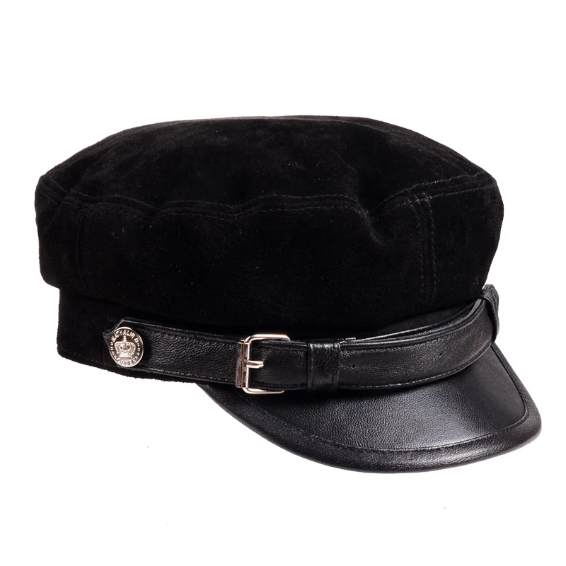 Leather Hats For Men Women 2022 Winter Vintage Thin Black Suede Motorcycle Berets Cap With Belt Male Korean Student Cadet Hat 61