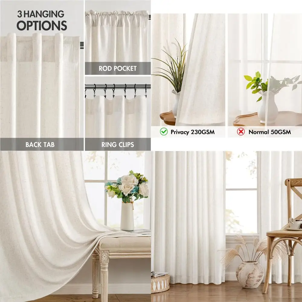 

Farmhouse-Style Semi-Sheer Linen Curtains, Light Filtering, 2-Panels, 52x92 Natural White for Home Decor