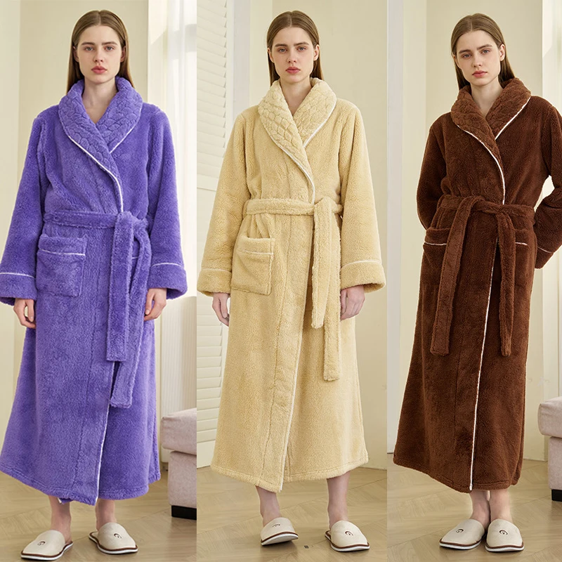 

Thicken Coral Fleece Women Long Bath Robe Men's Warm Home Clothes Big Size Sleepwear Cozy Plush Robe Winter Sleepwear Kimono