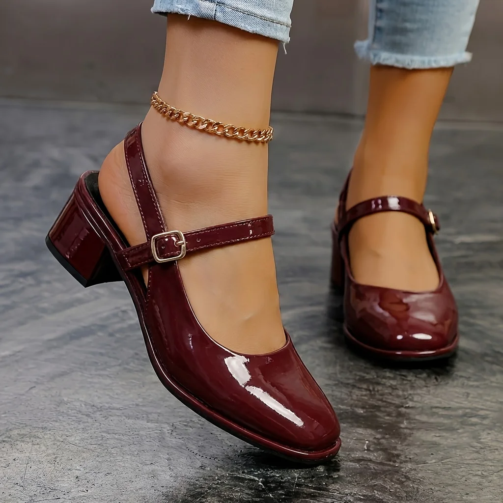 Zapatos de tacón medio con correa en el tobillo y hebilla, estilo Mary Jane slingback para mujer, de charol, con tacón de bloque, punta redonda, en colores negro, nude, burdeos y multicolor, elegantes, para bodas, fiestas, oficina, uso diario, citas y ocasiones formales.